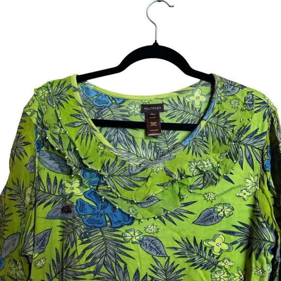 Multiples Top Women XL Green Multicolor Boho Artsy Floral Bell Sleeves Blouse - Picture 2 of 8